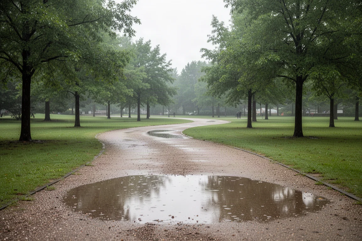 Chemin de gravel parsemé de flaques d'eau serpentant dans un parc