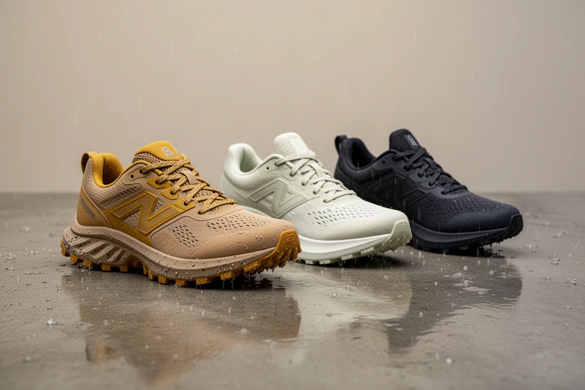 Three running shoes on a rain-wet concrete surface
