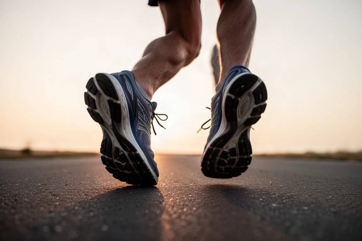 Runner's feet mid-stride on smooth asphalt in soft morning light