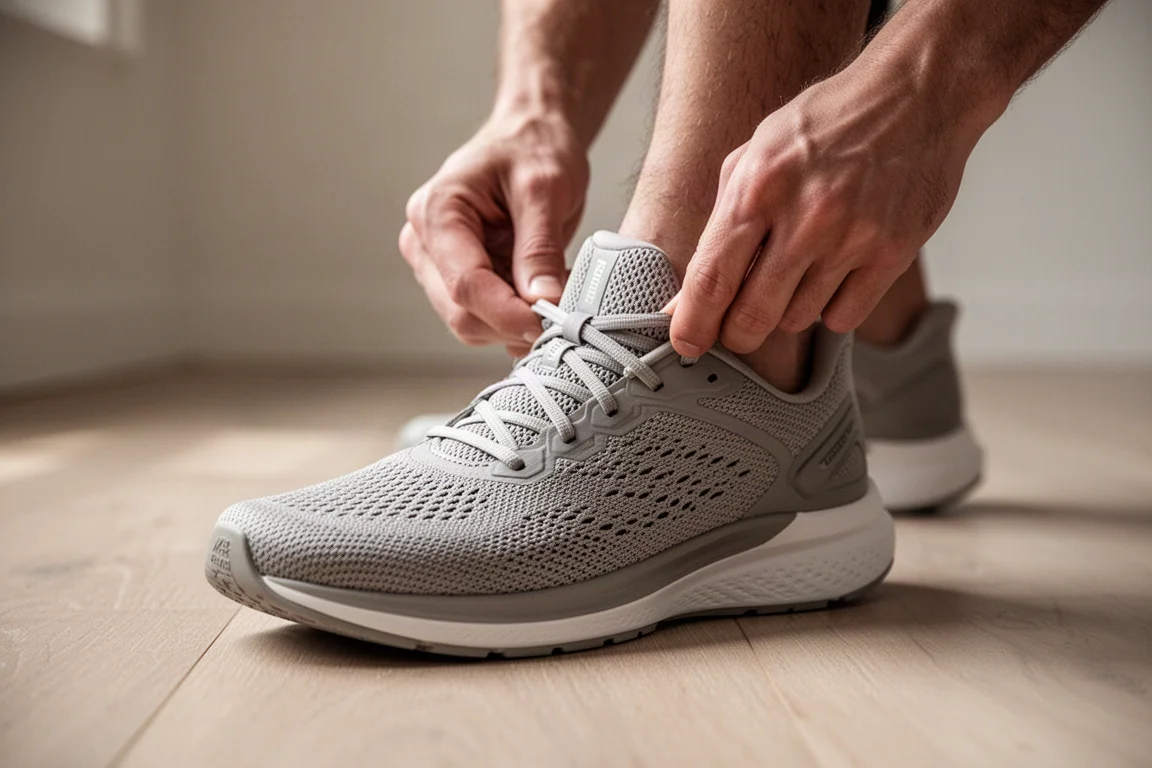 Running shoe laces being tightened on a wooden floor