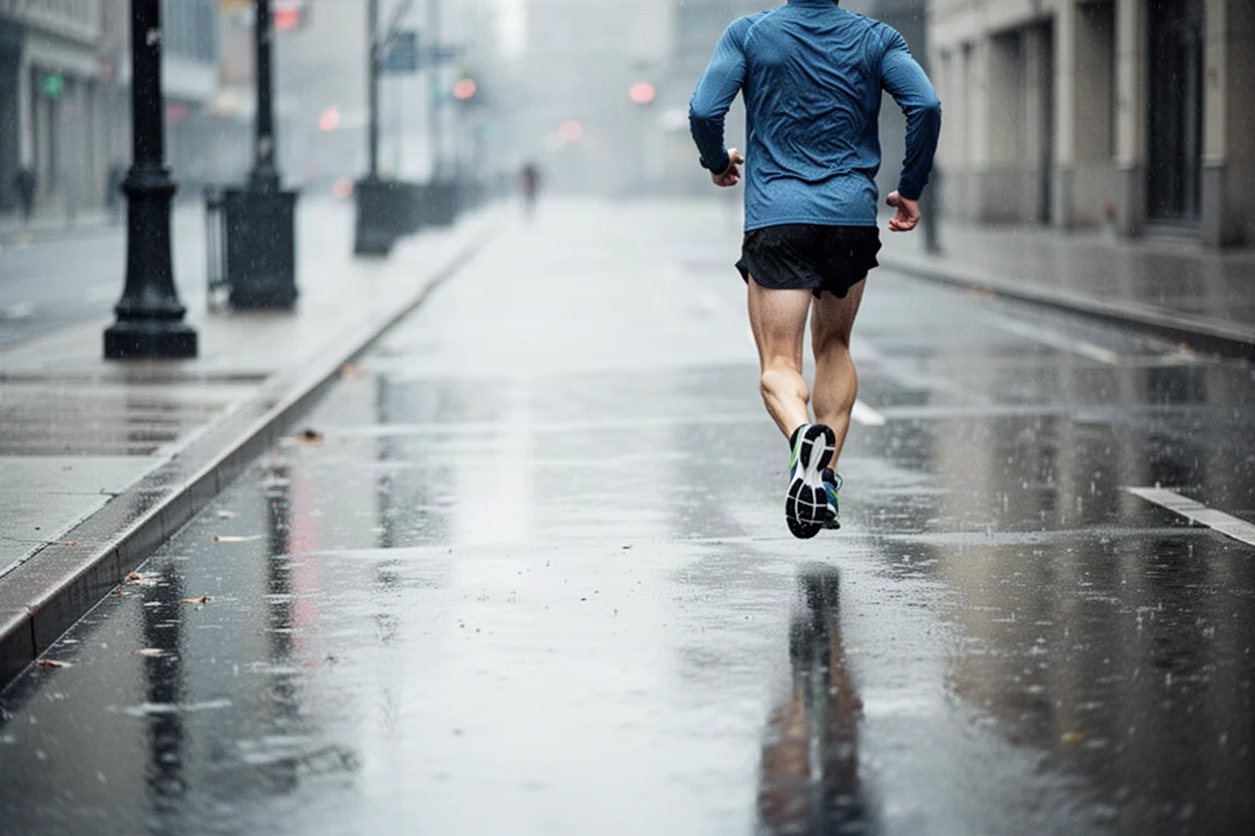 Runner finishing an easy run on wet pavement after rain