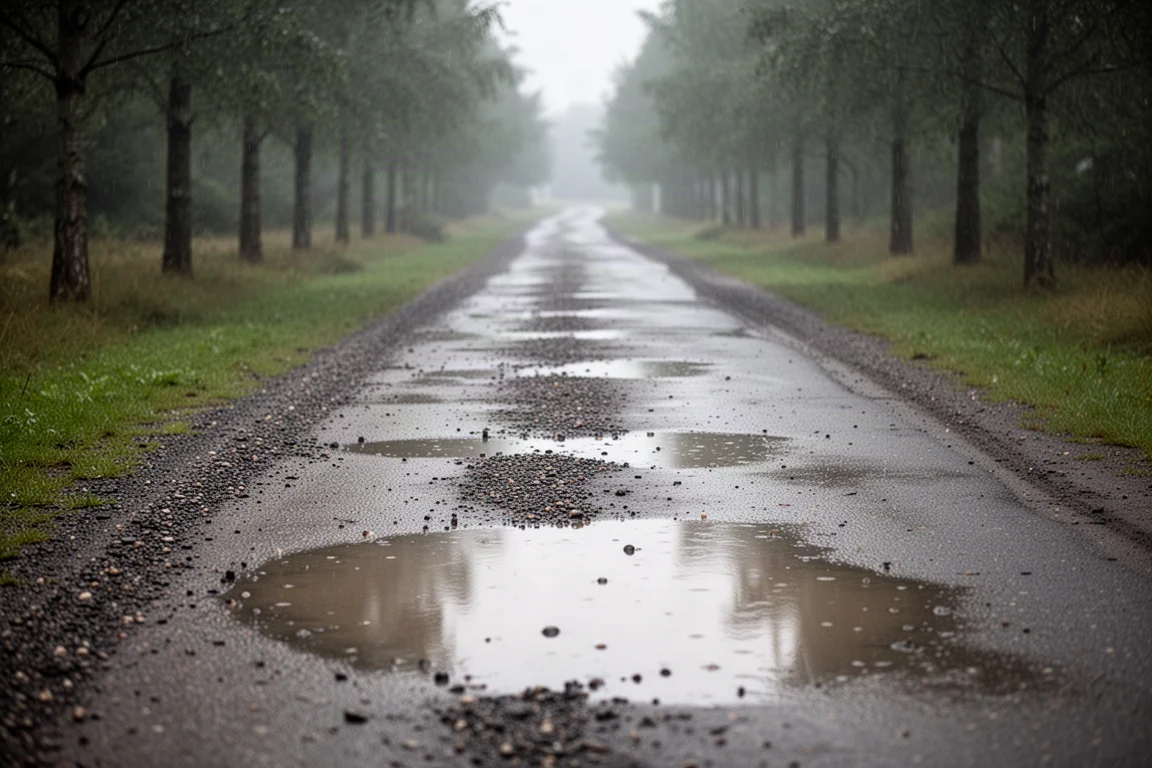 雨后湿滑柏油路面反射着光影,柔和光线下的跑步路线