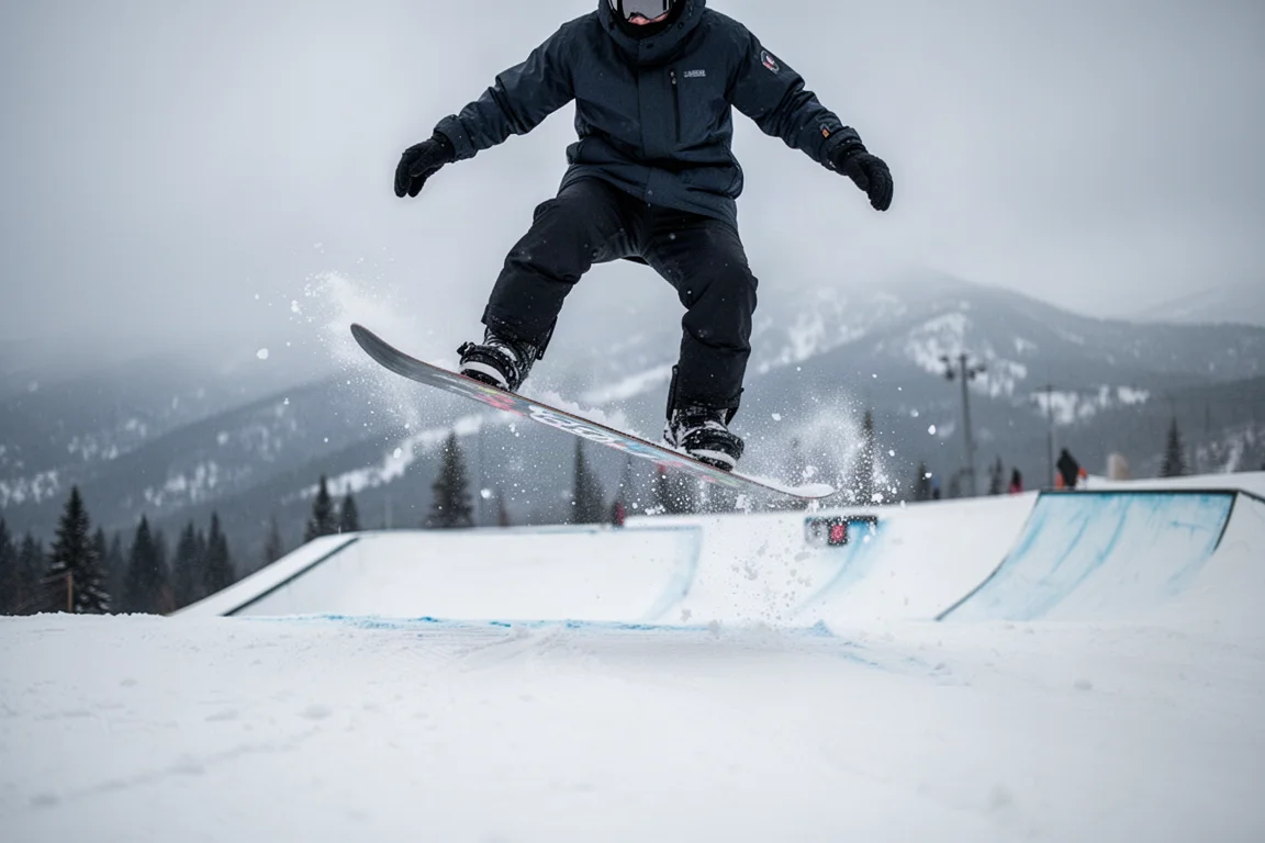 Snowboarder landing a jump in a terrain park with boots strapped into bindings