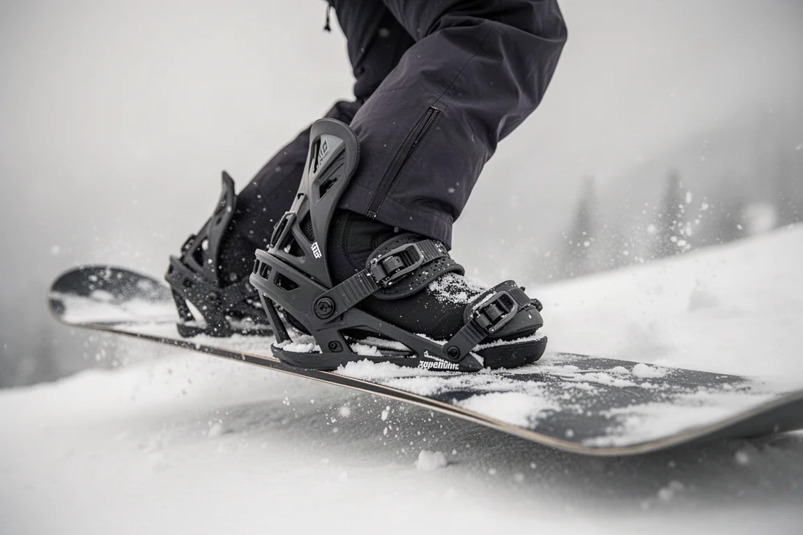 Close-up of a snowboarder's rear foot flexing heel-side in a binding