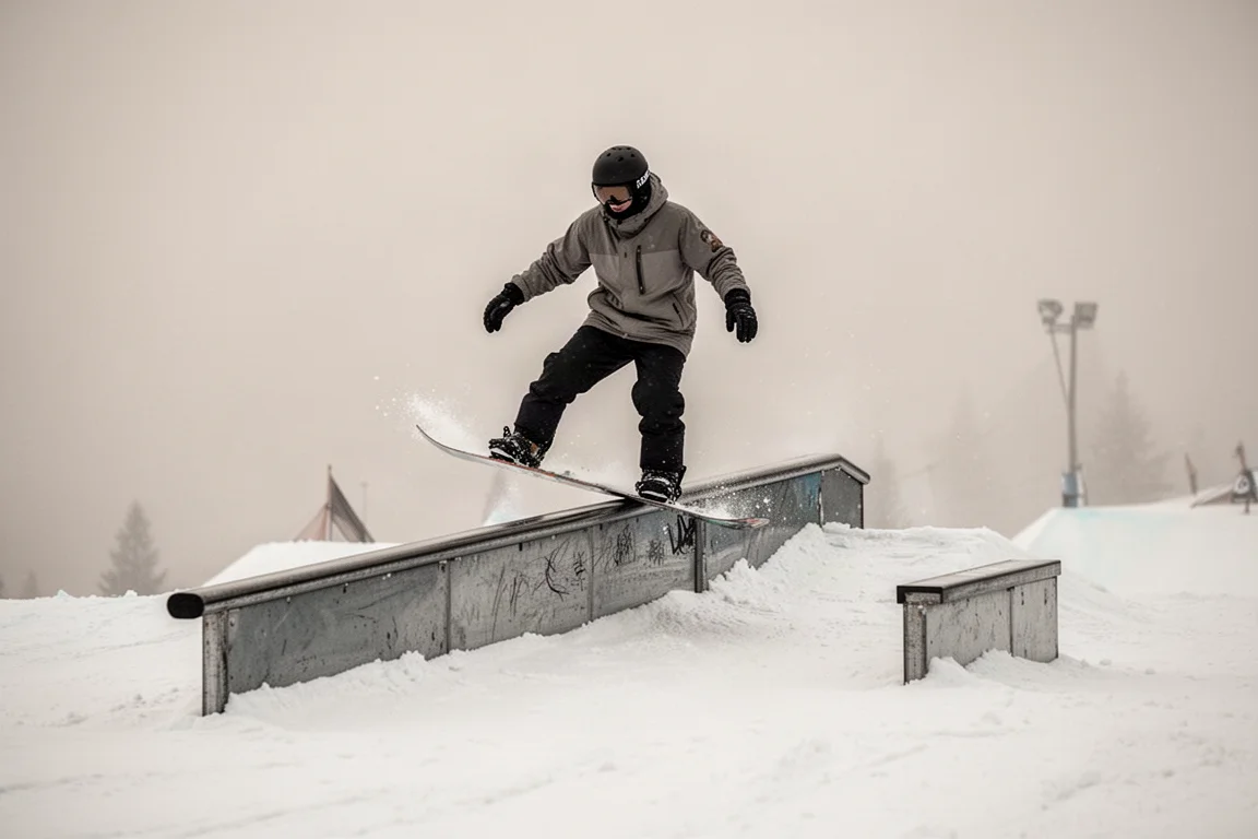 Snowboarder pressing off a rail in a terrain park under flat light