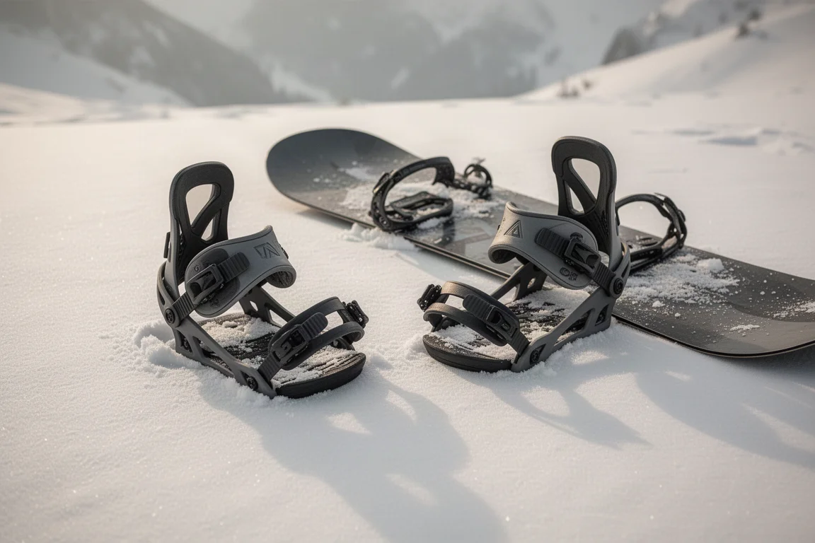 Two snowboard bindings resting on snow beside a board
