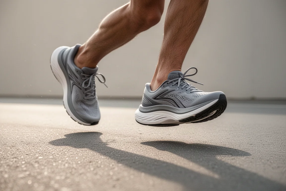 Pies de un corredor con zapatillas amortiguadas en una pista de asfalto liso