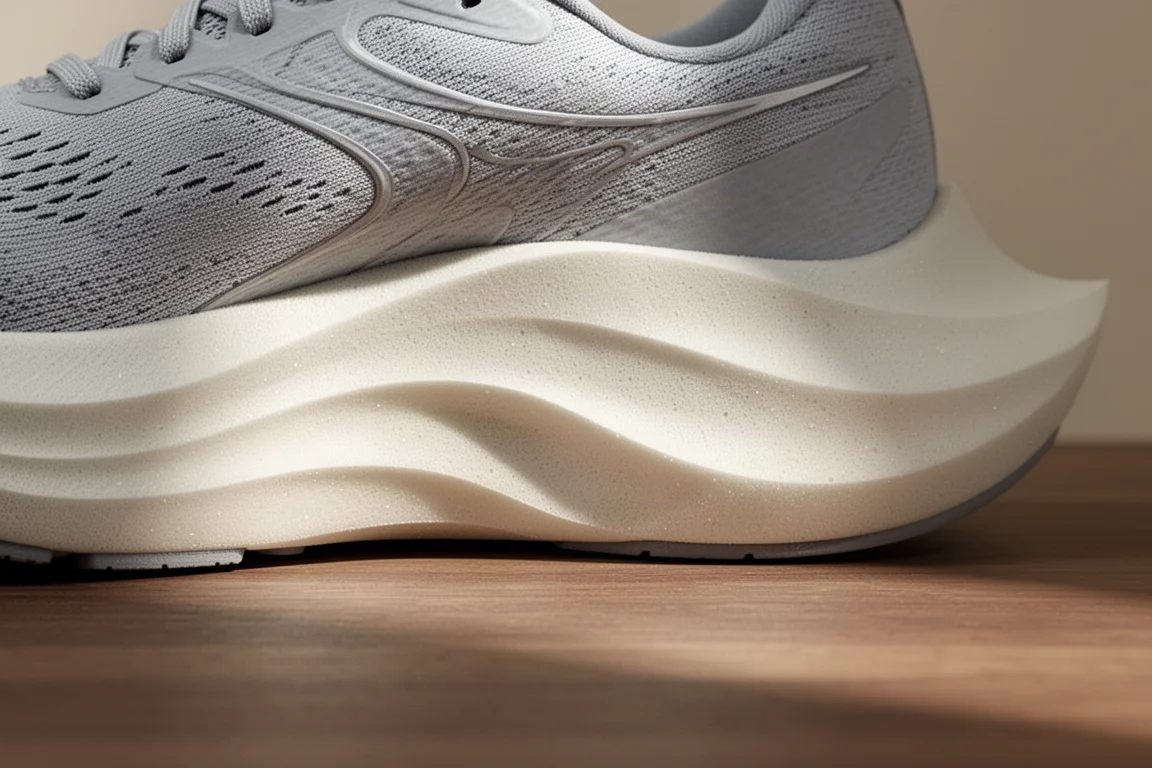 Primer plano de la gruesa mediasuela de espuma esculpida de una zapatilla de running