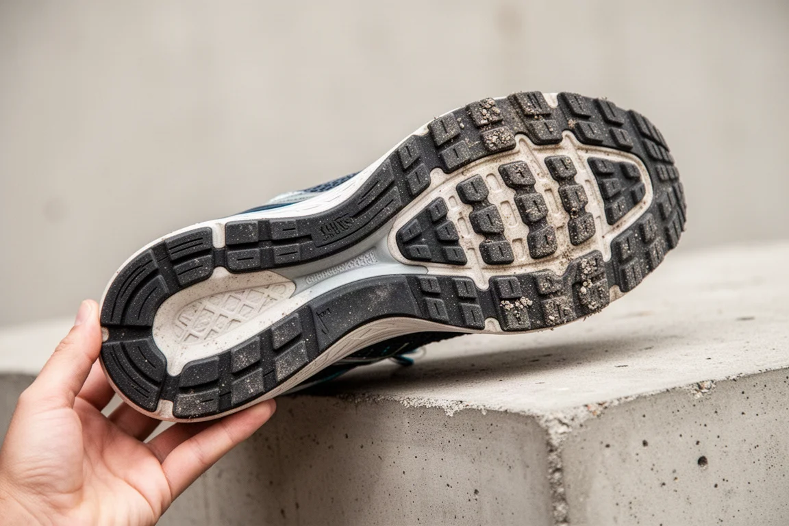 Suela exterior de una zapatilla de running con desgaste mínimo tras kilómetros de asfalto