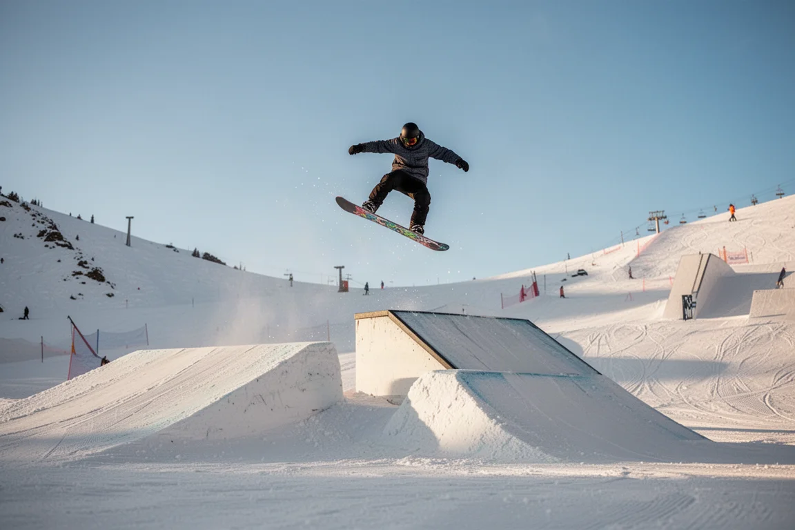 Snowboarder saltando en el aire desde un pequeño salto de snowpark