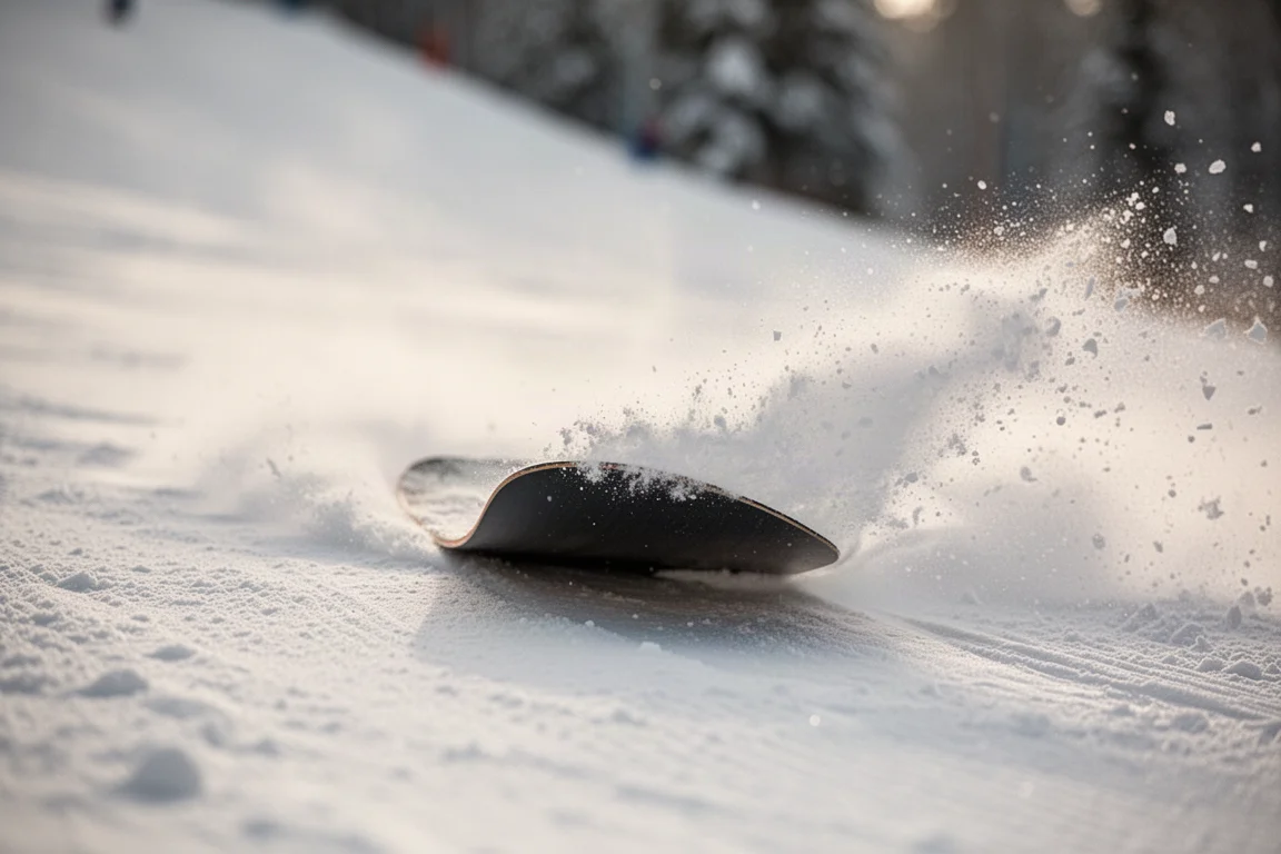 Primer plano del canto de una tabla de snowboard trazando un giro sobre una pista dura y pisada