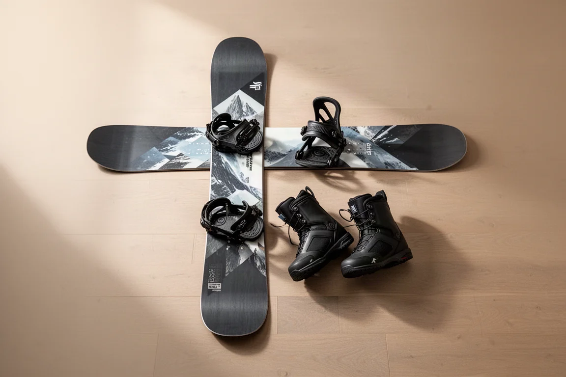 Tabla de snowboard, fijaciones y botas extendidas sobre un suelo de madera