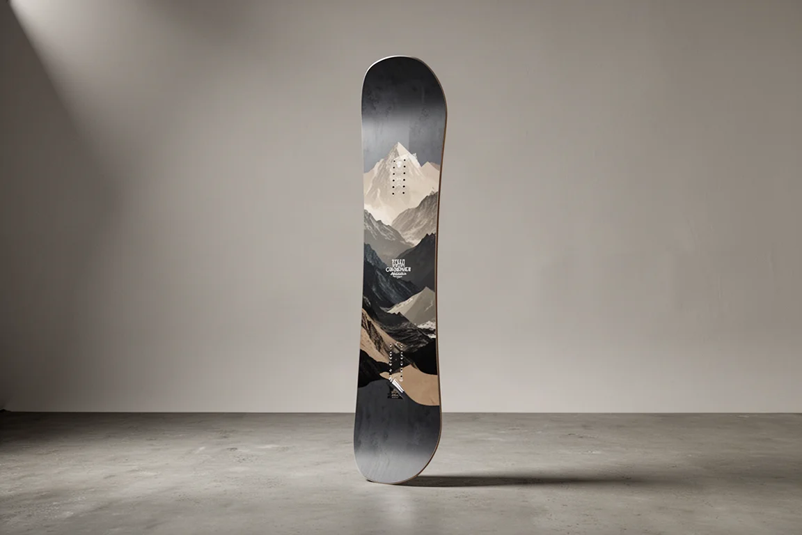 Tabla de snowboard Salomon Assassin en vertical sobre un fondo gris neutro