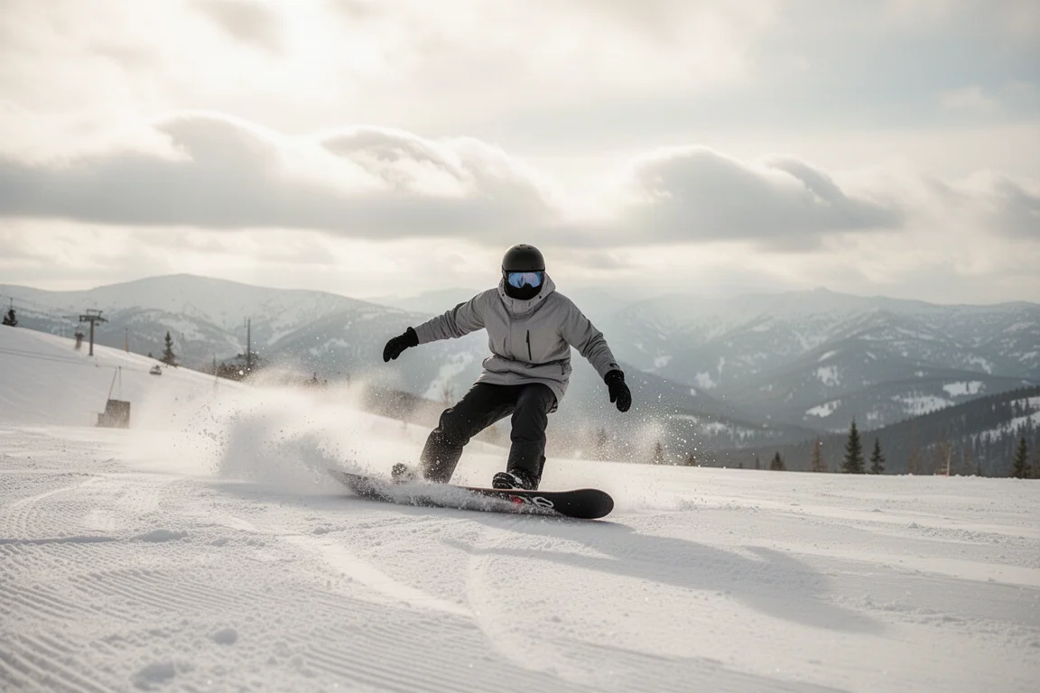 Snowboarder carving through soft spring slush on a wide mountain slope