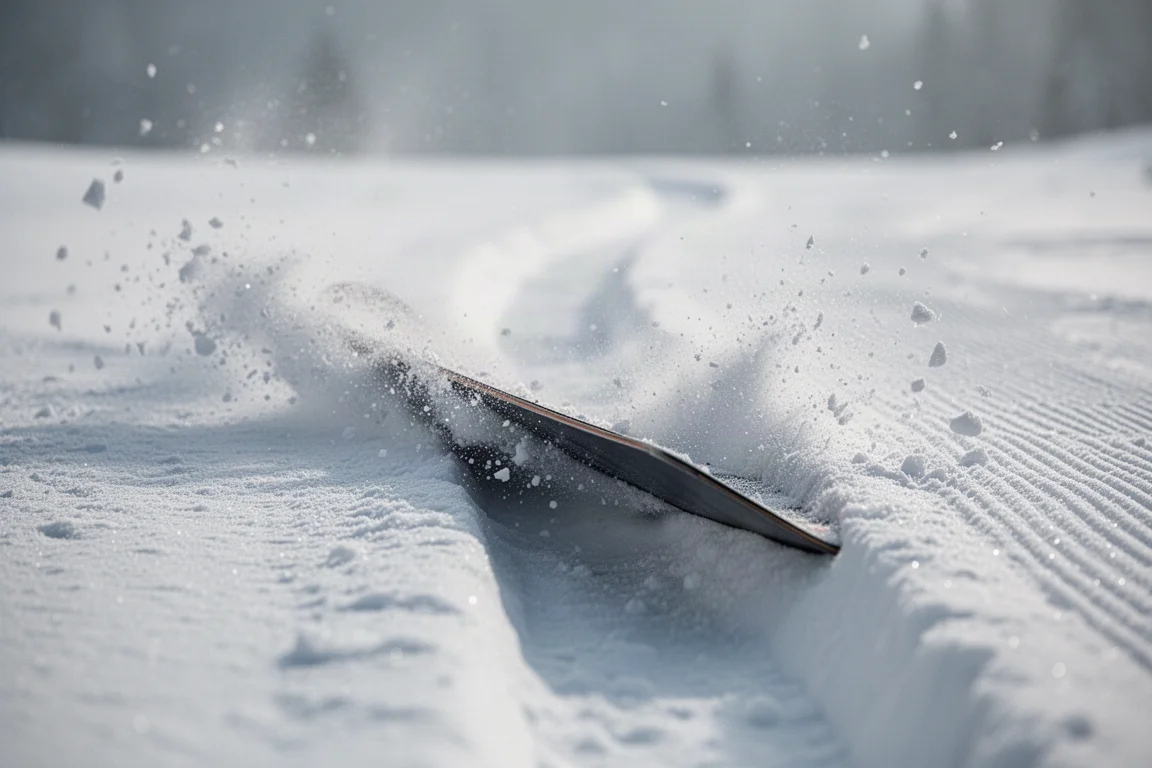 Snowboarder pressing the nose of the board on a park feature