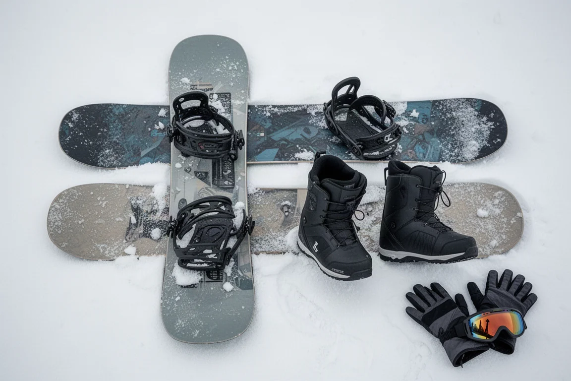 Snowboarder riding a relaxed traverse with friends across a mountain ridge