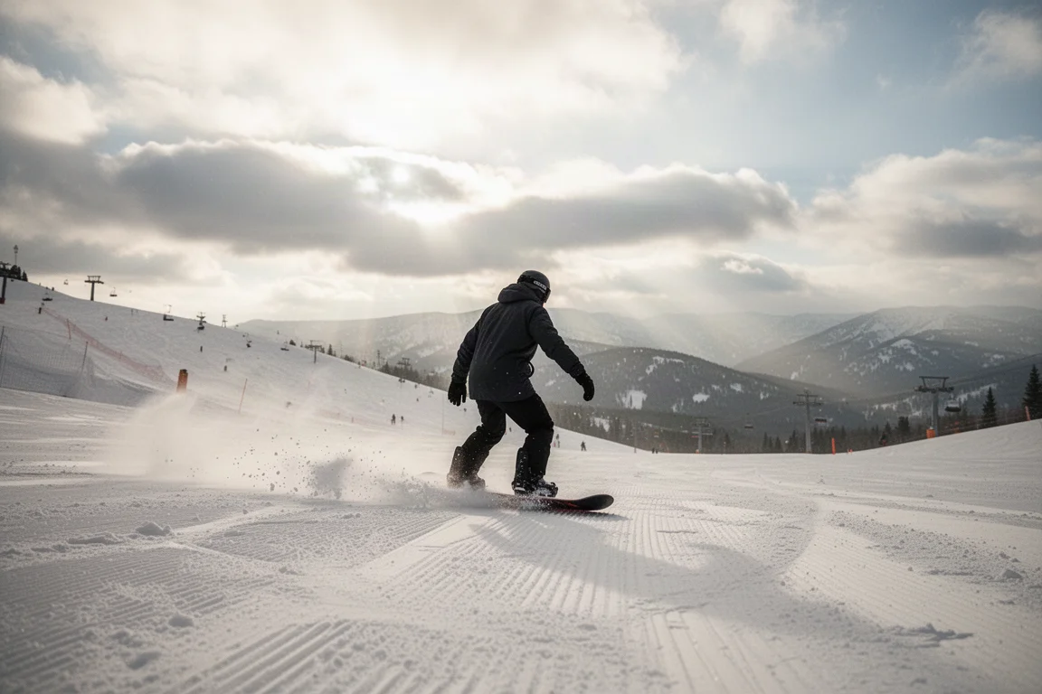 Snowboarder zieht eine Carving-Schwung auf einer präparierten Piste bei klarem Morgenlicht
