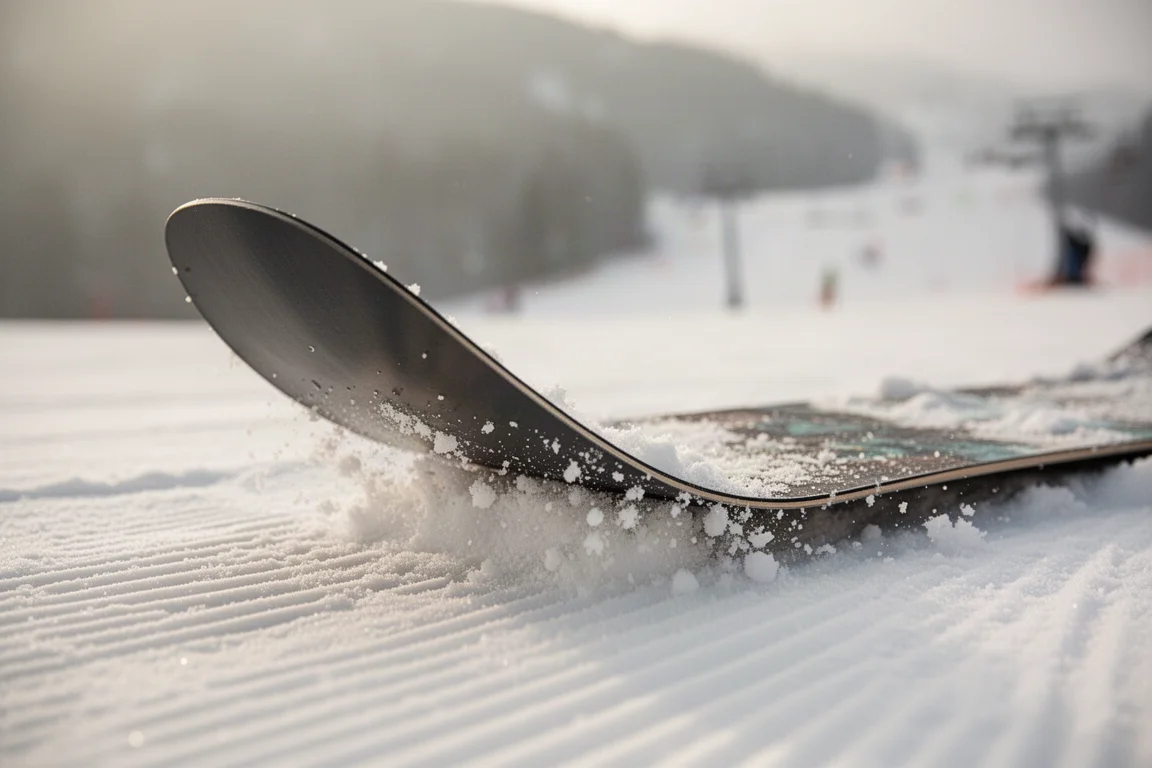 Nahaufnahme einer Snowboard-Nase, die im Schnee in einen Press gedrückt wird