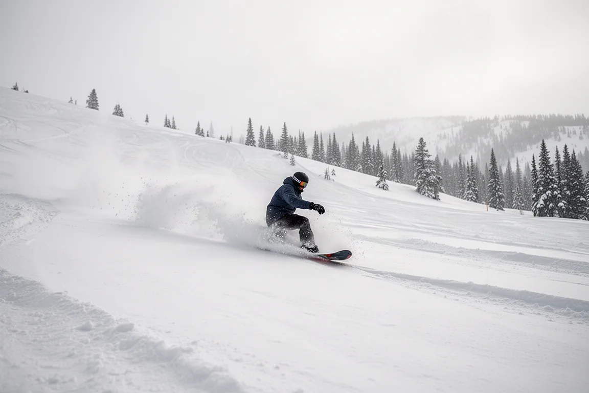Snowboarder riding through fresh powder on an open mountain face