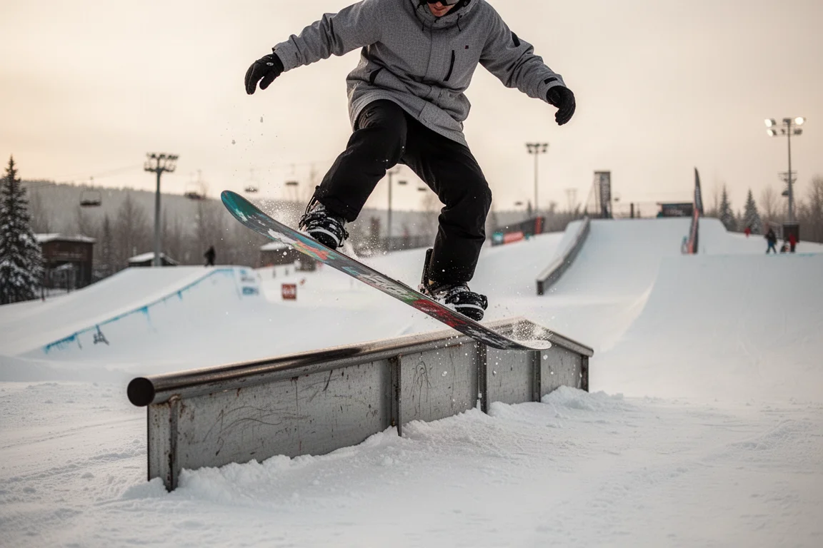Snowboarder pressing a rail in a terrain park feature