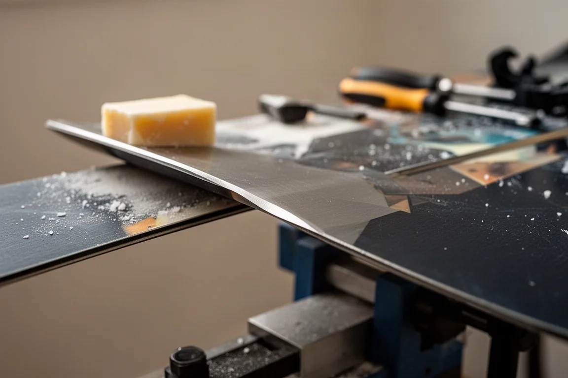 Close-up of a snowboard edge bevel on a work bench