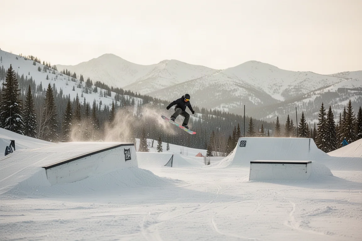Snowboarder riding through a mix of park jumps and natural terrain