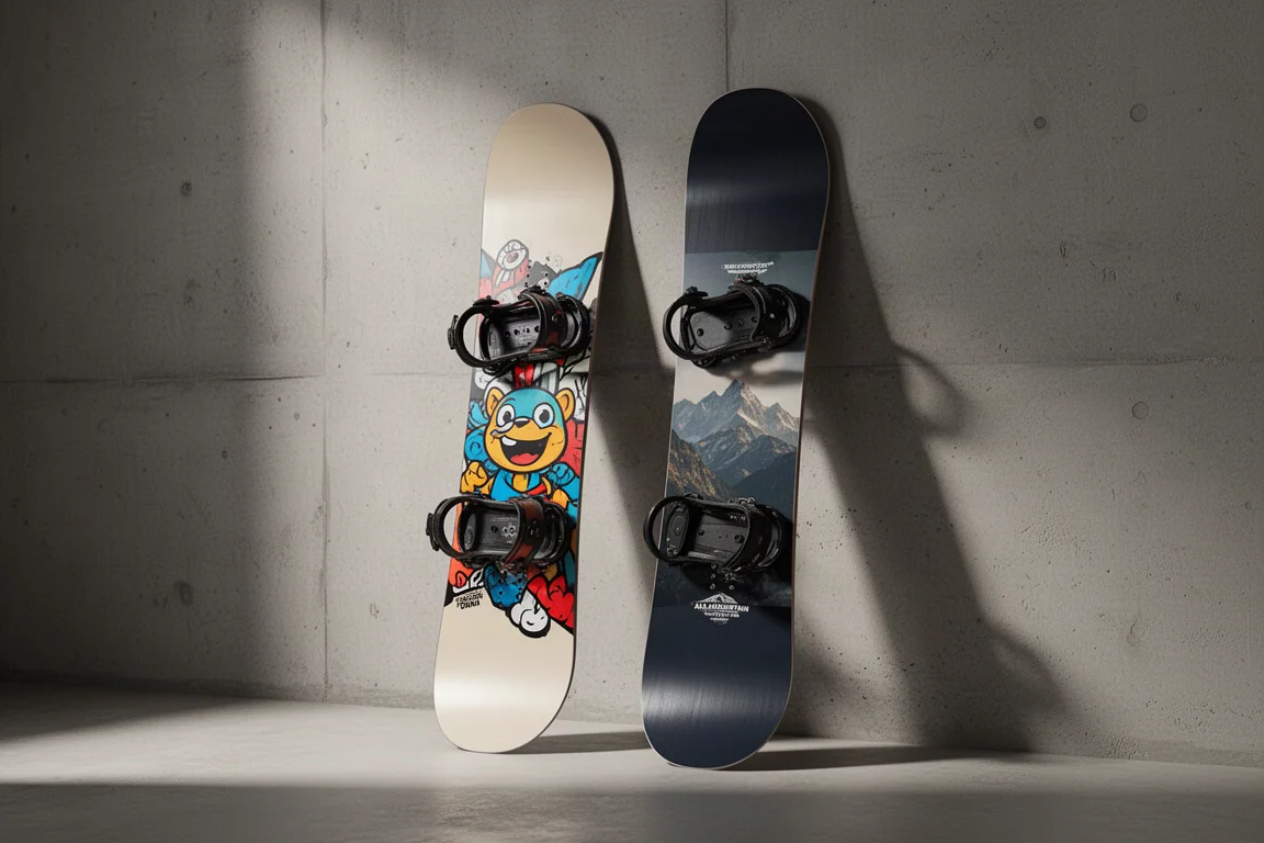 Two Salomon snowboards standing upright against a concrete wall
