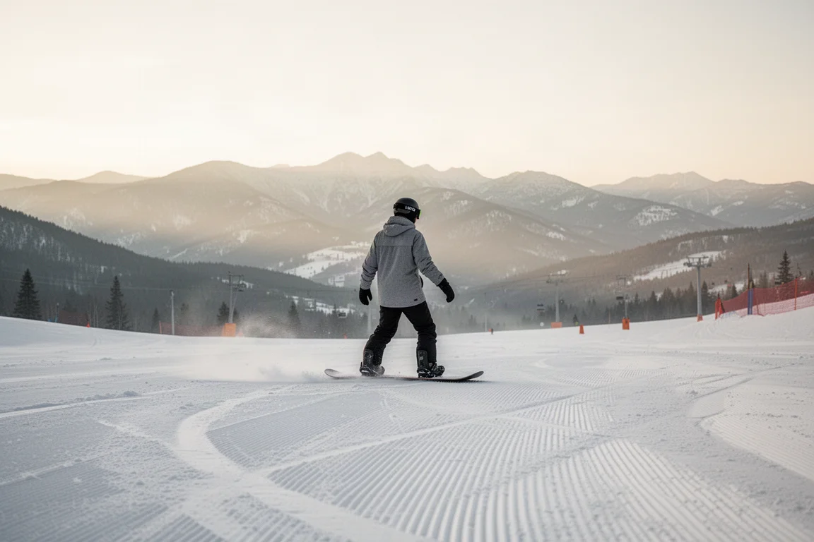 Snowboarder deslizándose por una amplia pista virada para principiantes con suave luz de la mañana