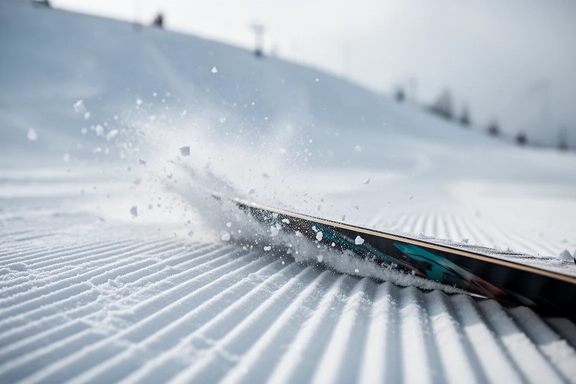 Primer plano del canto de una tabla de snowboard cortando la nieve virada con cristales de hielo elevándose