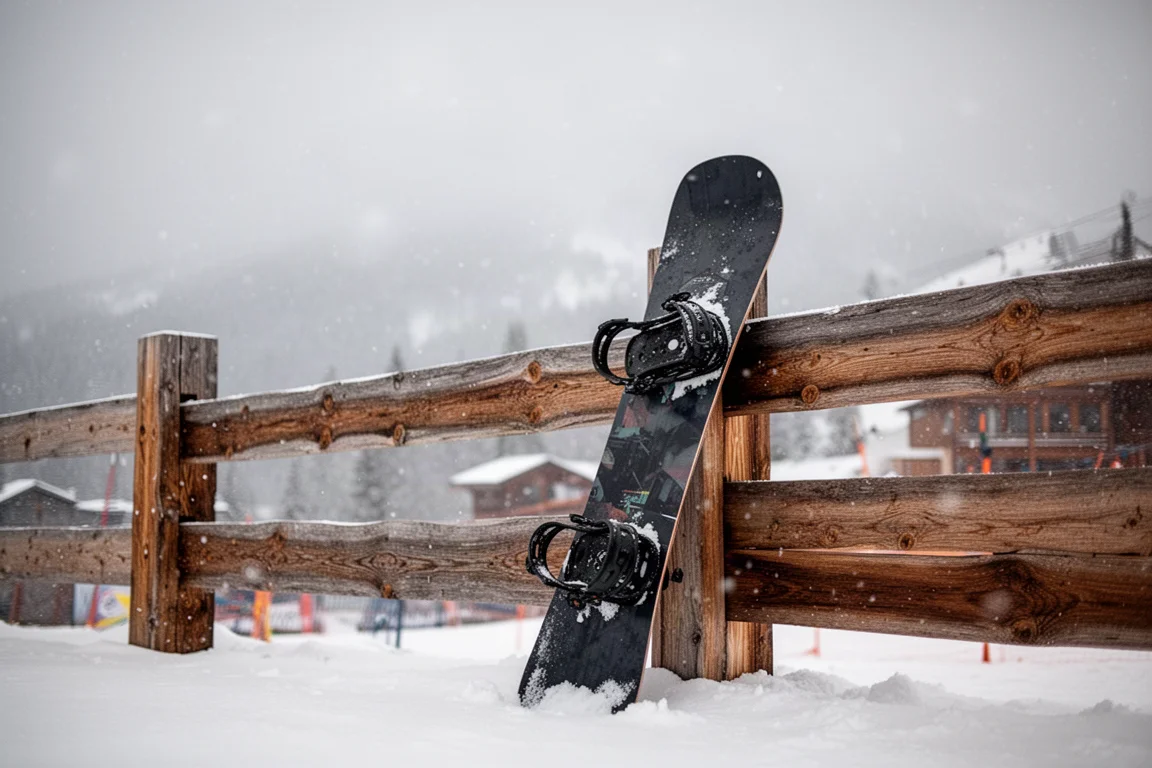 Tabla de snowboard apoyada contra una valla de madera desgastada mientras cae una nevada ligera