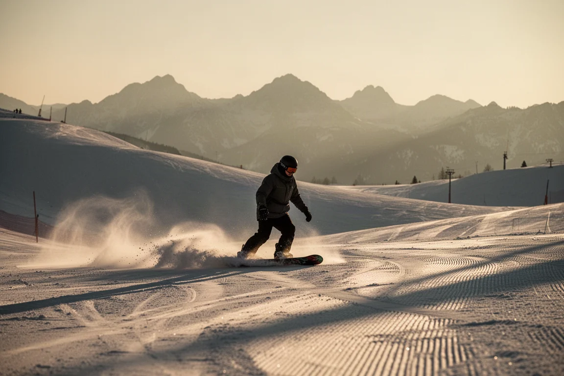 Snowboarder presionando sobre nieve suave en una pista virada ondulada a la hora dorada