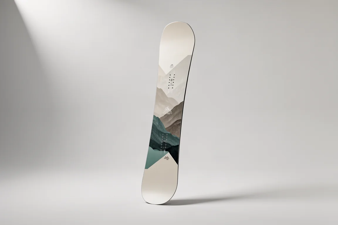 Women's directional snowboard standing upright against a pale grey studio backdrop