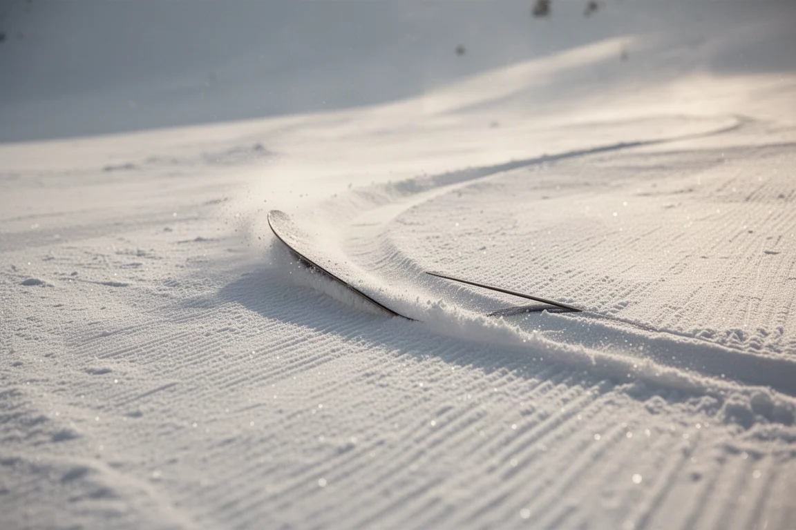 單板滑雪板鋼邊切入壓雪道雪面的特寫