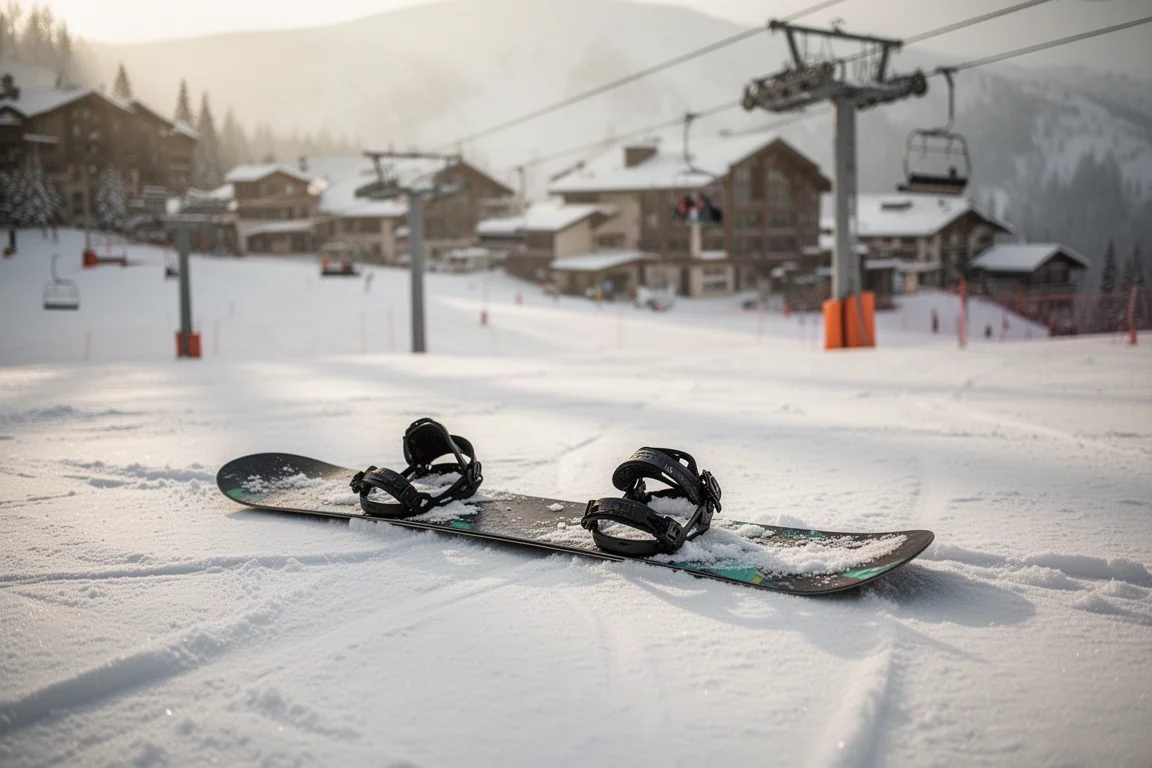 單板滑雪板放置在雪地上，背後是山區滑雪度假村
