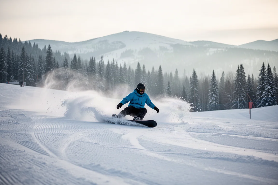 Snowboarder fazendo curvas na neve fresca em uma pista larga
