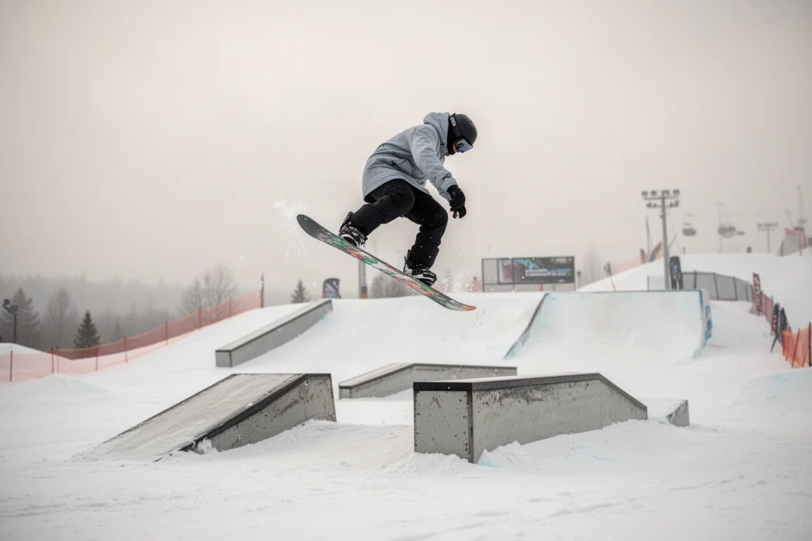 Snowboarder saltando de um obstáculo natural no terrain park