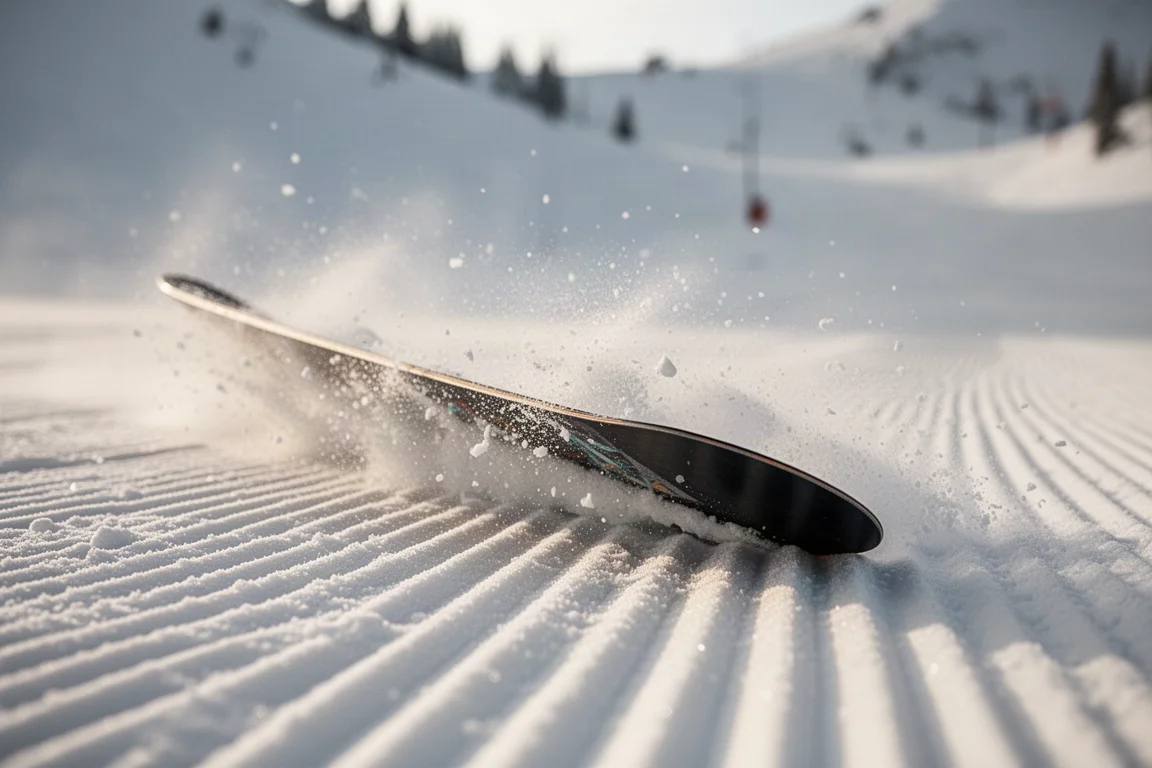 Snowboarder carvingando forte em uma pista preparada em alta velocidade