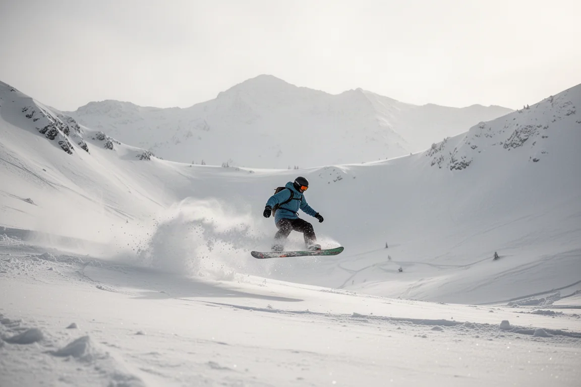 Snowboarder descendo neve fofa profunda no backcountry