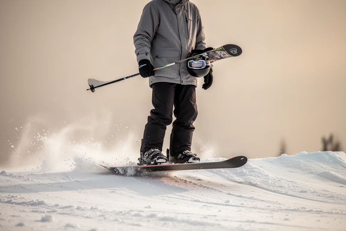 Sciatore freestyle che esegue un butter in nose press in un terrain park
