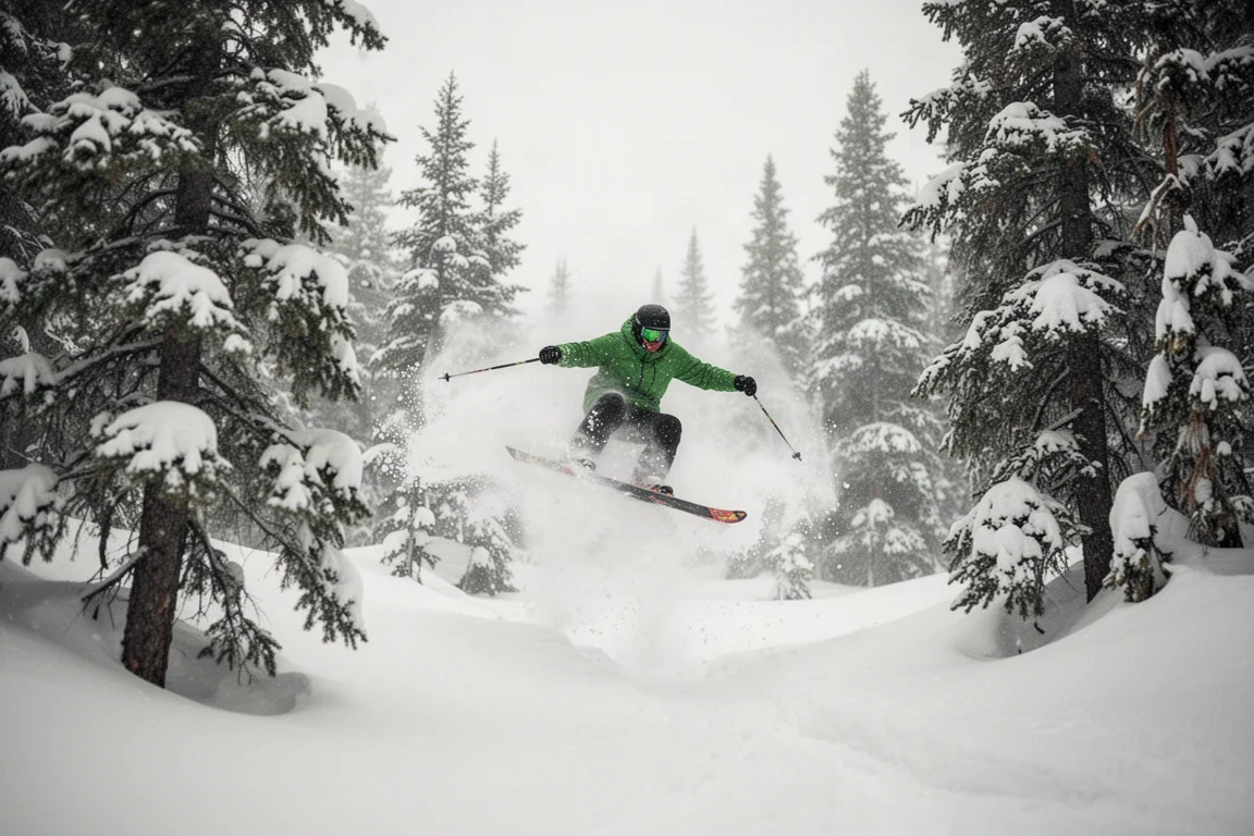 Sciatore che fluttua nella neve morbida e molle tra gli alberi su uno sci freestyle largo