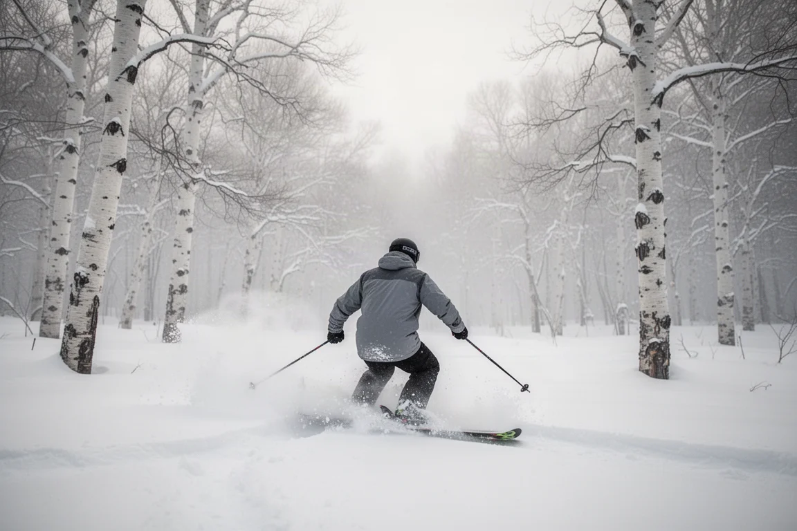 Skiër maakt een bocht door zachte sneeuw in een open bosstrook op een heldere winterochtend