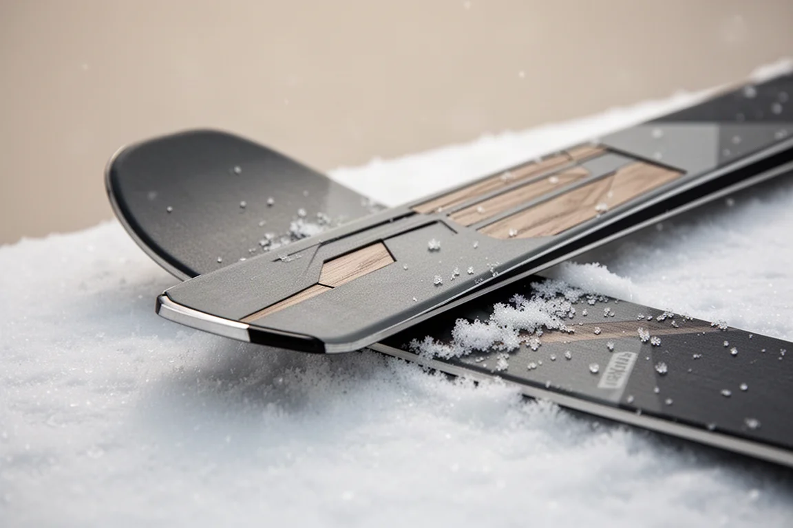 Detailopname van een skitip met uitgedunde uitsparingszones in de topsheet