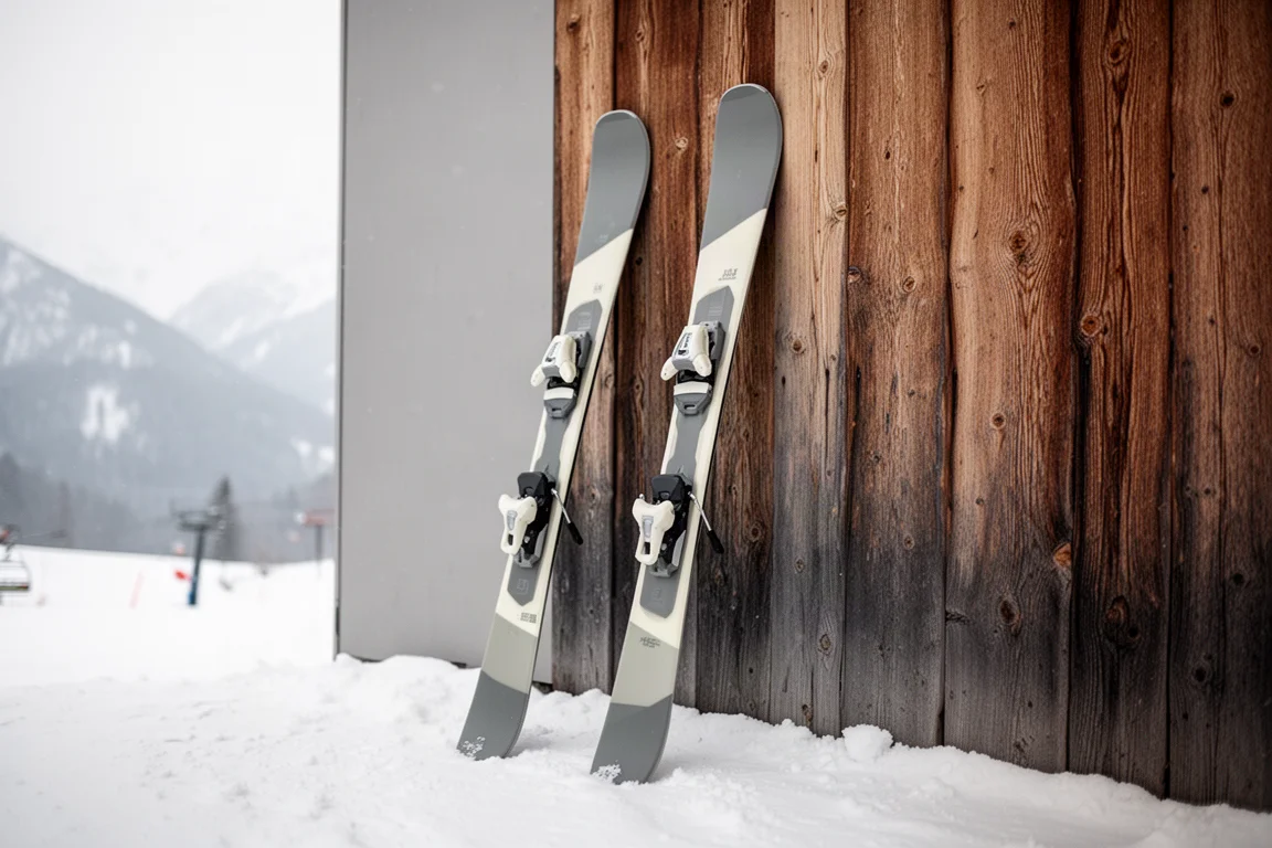 Paar freestyle ski's leunt tegen een verweerde houten muur aan de voet van een berg
