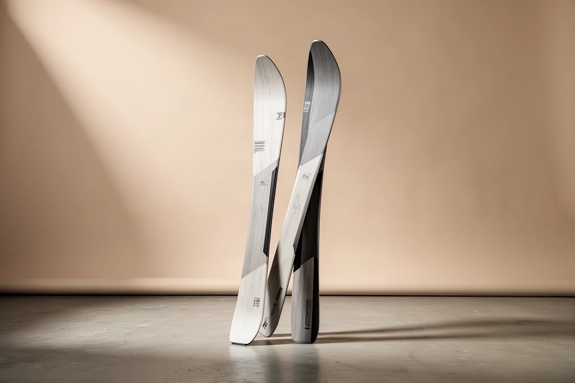 Pair of freestyle skis standing upright on a concrete floor against a neutral backdrop