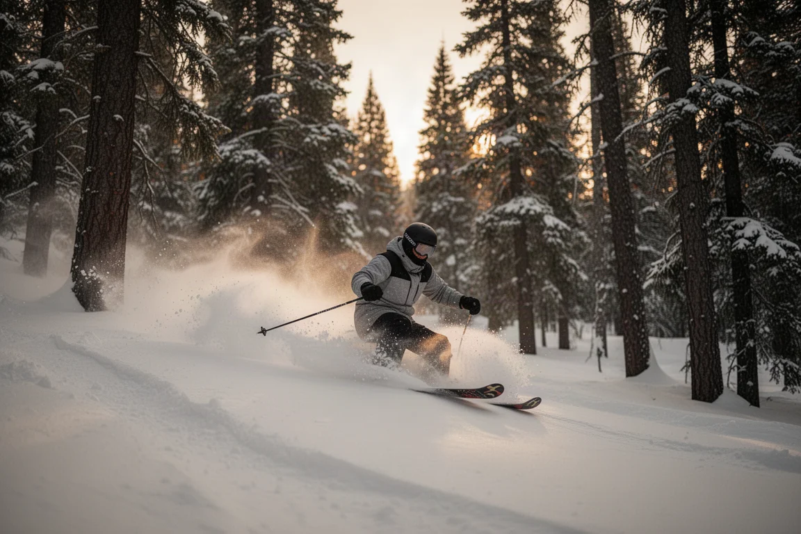 Esquiador deslizando por neve fofa em uma pista entre árvores ao pôr do sol dourado