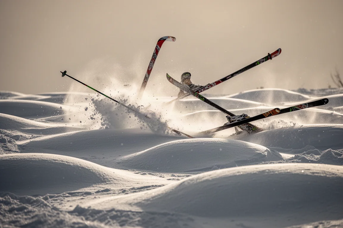 Vista em contra-plongée das caudas dos esquis liberando a curva e jogando neve em um campo de moguls