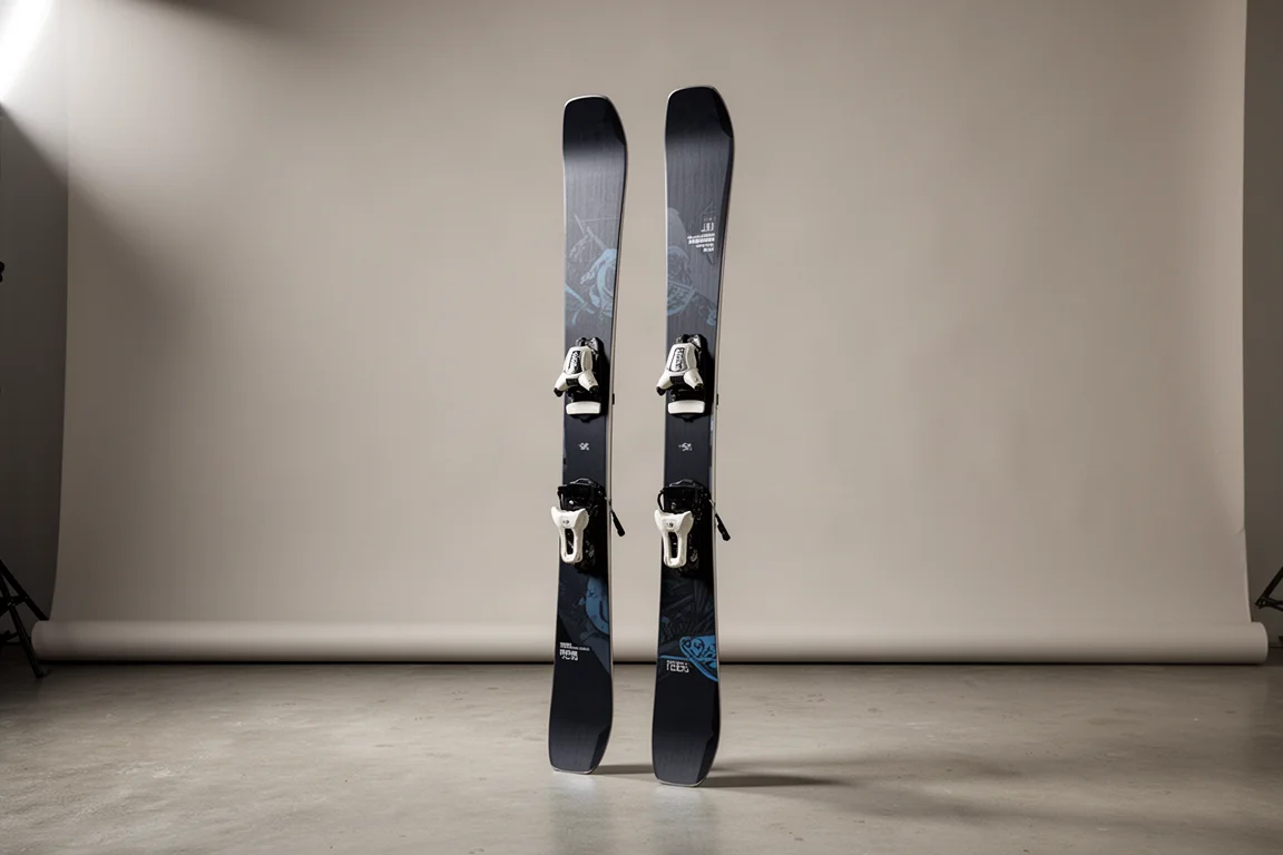 Pair of freestyle twin-tip skis standing upright on concrete against a neutral grey backdrop