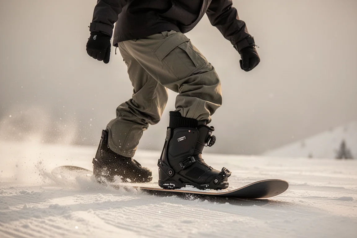 Snowboard flexando hacia adelante dentro de una bota para mostrar la articulación del canesú