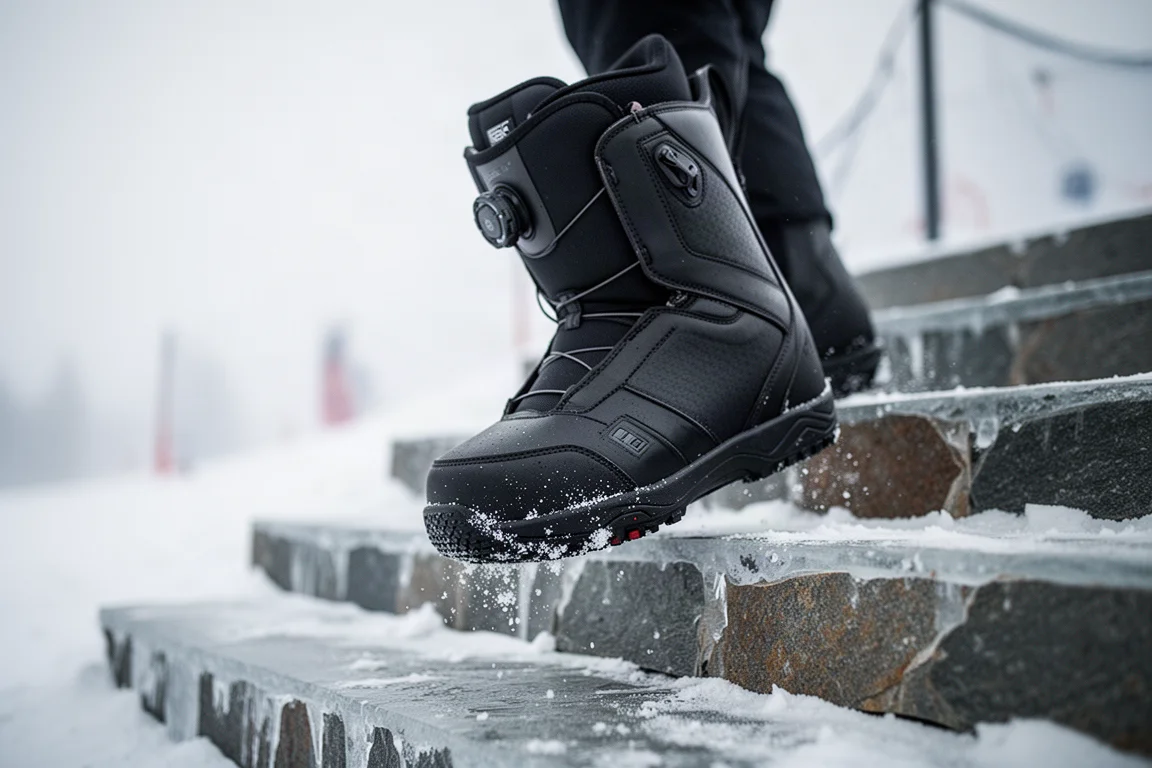 Suela de bota de snowboard agarrándose a escaleras heladas en una estación de esquí