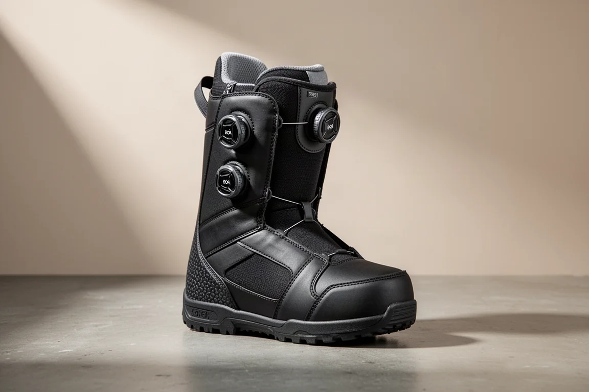 Bota de snowboard negra Salomon Dialogue Dual BOA sobre una superficie de hormigón
